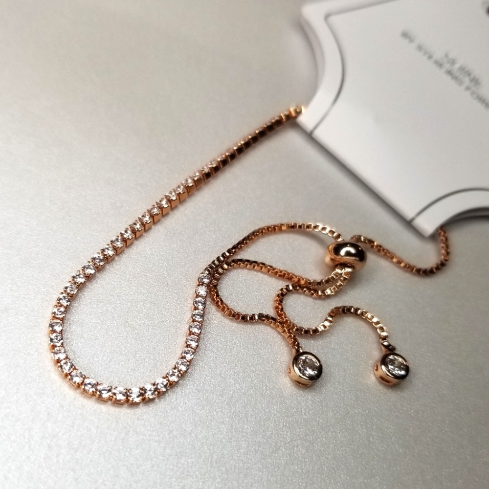 14k Rose Gold Plated Sterling Silver, Clear CZs, Bolo/slider Bracelet